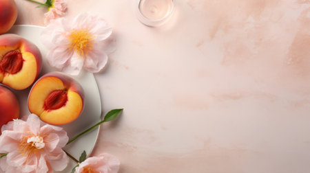 A plate of peaches and flowers on a white table, AIの素材