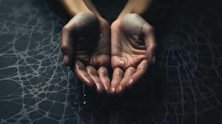 A persons hands are open with water dripping from them, AIの素材