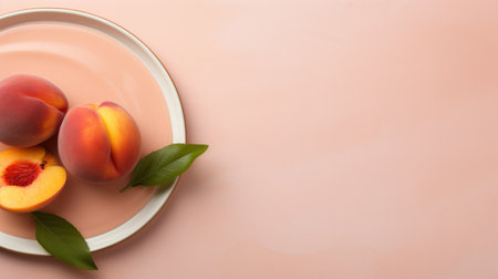 A plate with two peaches and a leaf on it, AIの素材