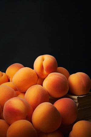 A pile of peaches on a stack of books with black background, AIの素材