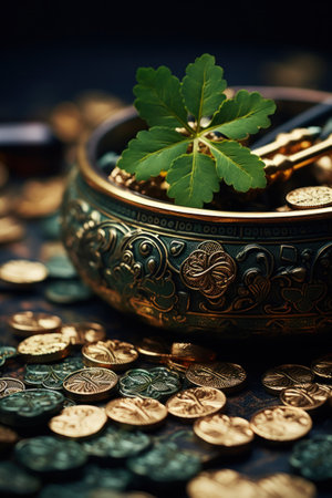 A bowl filled with coins and a plant on top of them, AIの素材