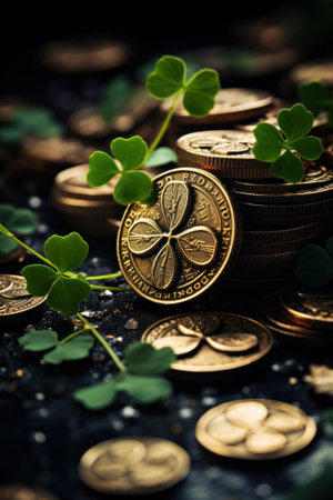 A pile of coins and clover leaves on a table, AIの素材