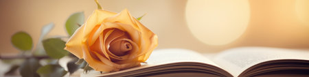 A rose on a book with leaves and light shining through, AIの素材