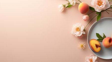 A plate of peach halves and flowers on a pink background, AIの素材