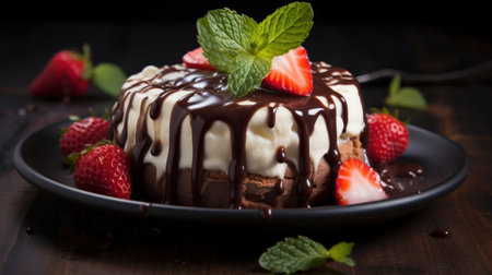 A chocolate cake with strawberries and mint on a black plate, AIの素材