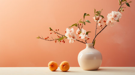 A vase with flowers and two peaches on a table, AIの素材