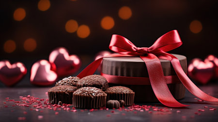 A close up of a gift box with chocolate covered treats and red ribbon, AIの素材