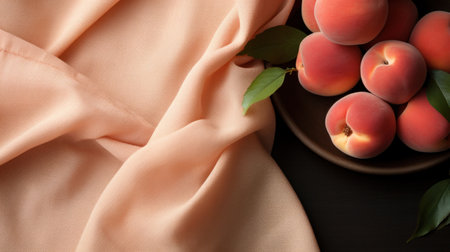 A bowl of peaches on a table with some leaves, AIの素材