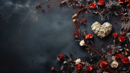 A heart shaped wreath made of flowers and leaves on a black background, AIの素材