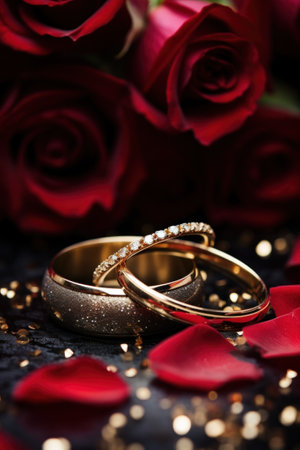Two wedding rings are sitting on top of a pile of red roses, AIの素材