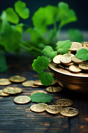 A bowl of coins and a pile of clovers on top, AIの素材