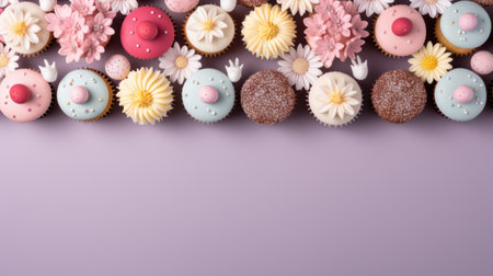 A row of colorful cupcakes with flowers and butterflies on top, AIの素材