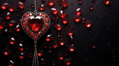 A heart shaped pendant with red crystals hanging from a chain, AIの素材
