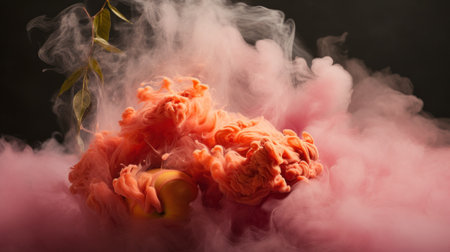 A bunch of pink smoke and an apple on a table, AIの素材