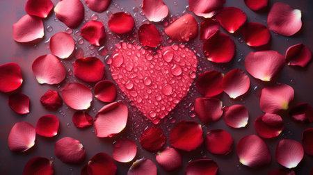 A heart shaped with water drops and petals on a dark background, AIの素材