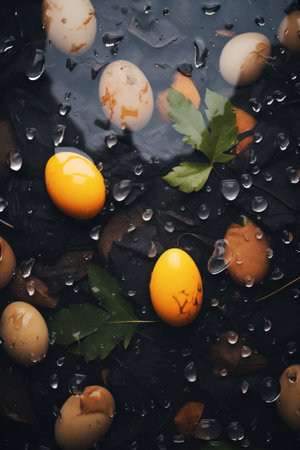 A bunch of eggs and leaves sitting in a puddle with water droplets, AIの素材