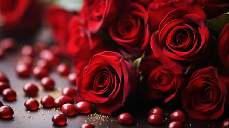 A bunch of red roses and some small balls on a table, AIの素材