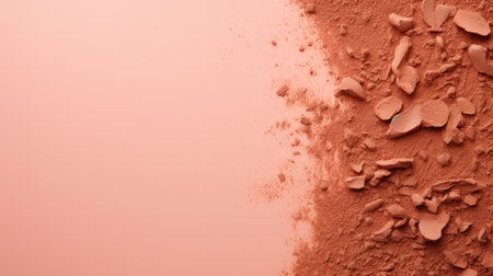 A pile of brown powder on a pink peach fuzz background with some pieces missing, AIの素材