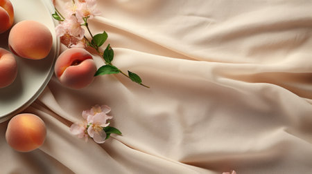 A plate of peaches and flowers on a white cloth, AIの素材