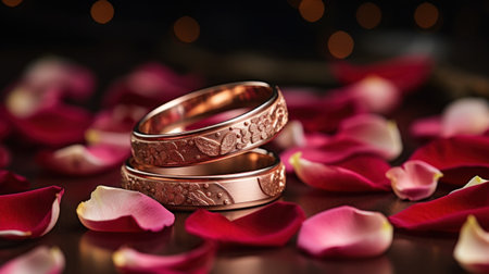 Two wedding rings are sitting on a bed of petals, AIの素材