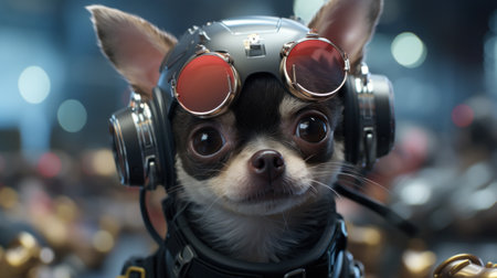 A small dog wearing goggles and a helmet with red lights, AIの素材