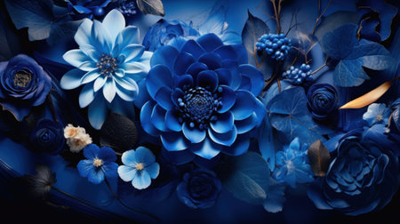 A blue flowers and leaves are arranged on a table, AIの素材