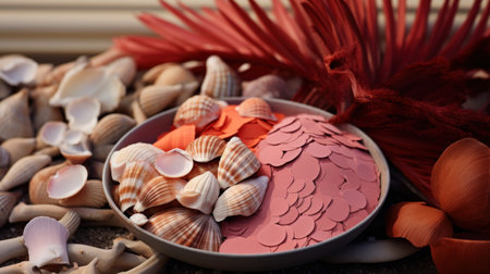 A bowl of shells and other sea life on a table, AIの素材