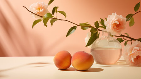 A vase with flowers and two peaches on a table, AIの素材