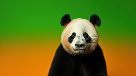 A panda bear is sitting on a green and orange background, AIの素材