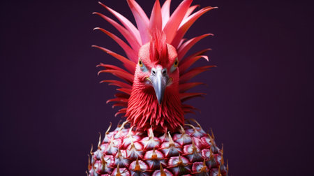 A close up of a rooster-pineapple with red feathers on its head, AIの素材