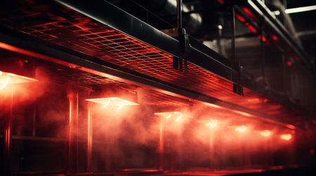 A row of lights on a conveyor belt with smoke coming out, AIの素材