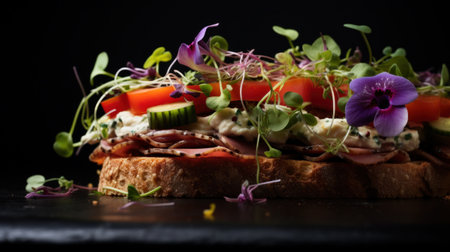 A sandwich with a variety of vegetables and meat on top, AIの素材