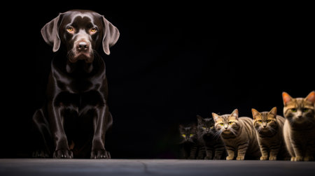 A dog and a group of cats are standing in front of each other, AIの素材