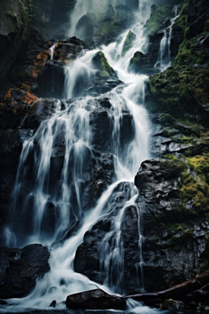 A waterfall cascading down a rocky cliff into the water below, AIの素材