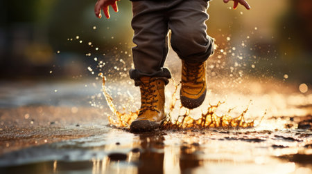 A child in yellow boots jumping into a puddle of water, AIの素材