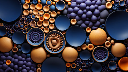 A large group of blue and orange bowls are arranged on a table, AIの素材