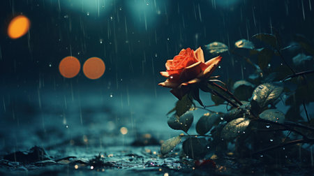 A rose is sitting in the rain with a green leaf, AIの素材