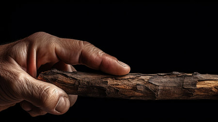 A hand holding a stick with some kind of bark on it, AIの素材
