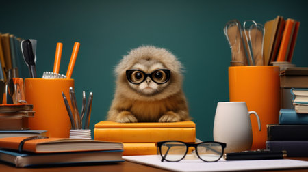 A small monkey wearing glasses sitting on top of a stack of books, AIの素材