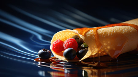 A crepe with berries and syrup on a blue background, AIの素材