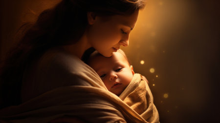 A woman holding a baby wrapped in a blanket, AIの素材