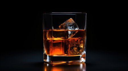 A glass of whiskey with ice cubes on a black background, AIの素材