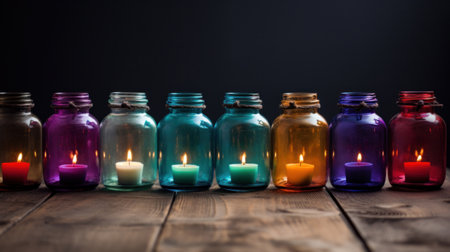 A row of colorful glass jars with lit candles on a table, AIの素材