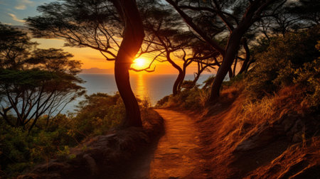 A path leading to the ocean with a beautiful sunset in front of it, AIの素材