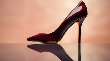 A red high heel shoe on a shiny surface with reflection, AIの素材
