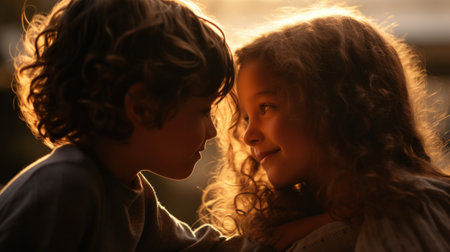 A close up of a young boy and girl looking at each other, AIの素材