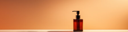 A bottle of liquid soap sitting on a table with an orange background, AIの素材