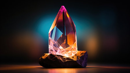 A crystal on a rock with light shining through it, AIの素材