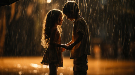 A couple of a boy and girl standing under an umbrella, AIの素材