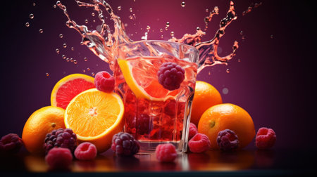 A glass of fruit juice with raspberries, oranges and strawberries, AIの素材